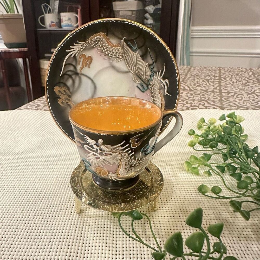 3D Rising Dragon Demitasse‎ Tea Cup & Saucer Handpainted Japan Vintage